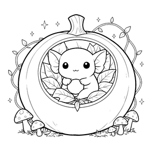 Heiteres Kawaii-Axolotl in einem Kürbis Ausmalvorlage für malfreudige Sternengucker