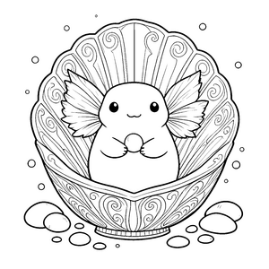 Heiteres Kawaii-Axolotl in einer Muschel Ausmalbild für mutige Spürnasen