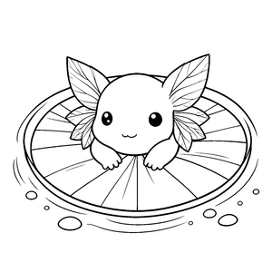 Niedliches Kawaii-Axolotl im Wasserreifen-Ausmalbild für kleine Abenteurer