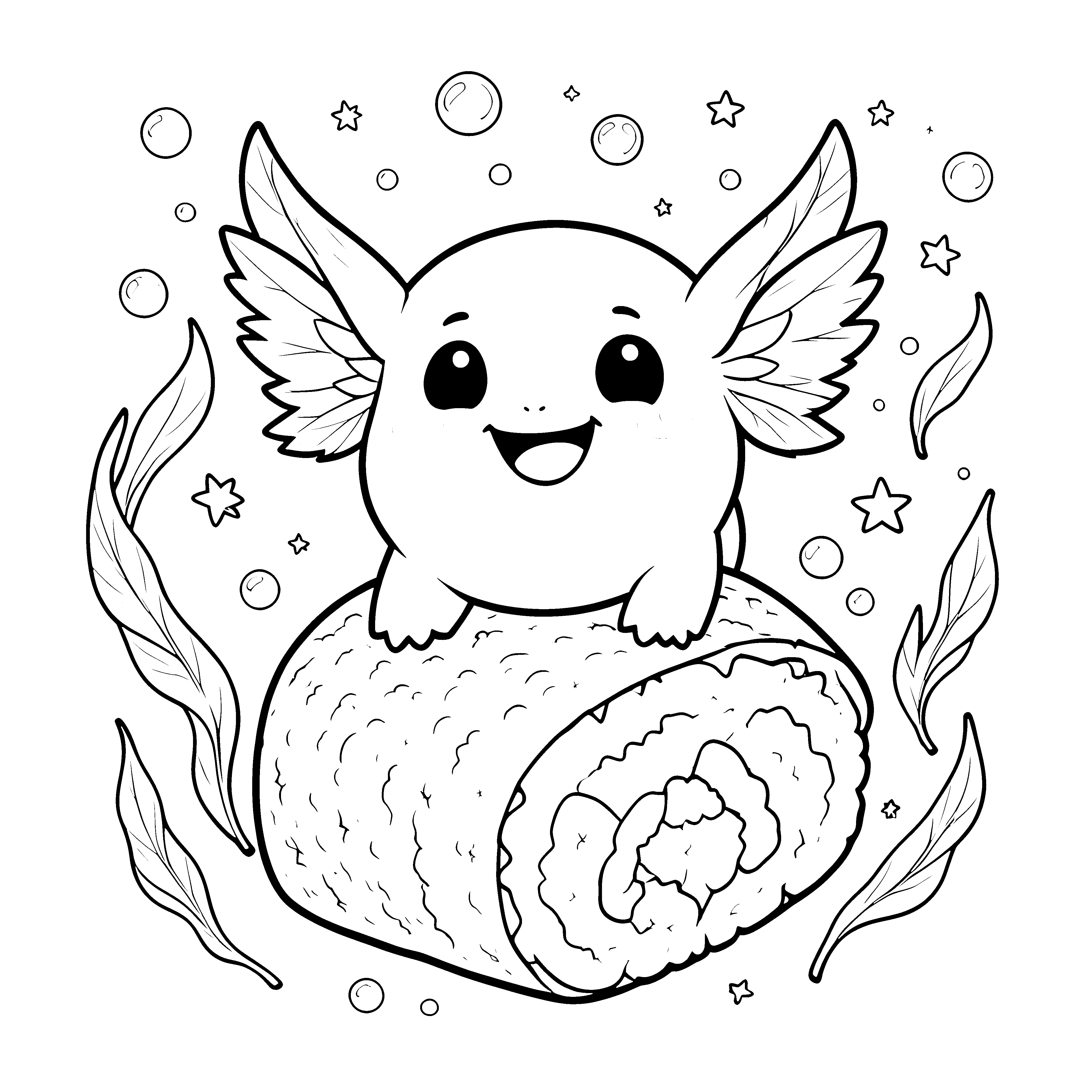 Fröhliches Kawaii-Axolotl auf einer Rolle Malbild für Naturfreunde