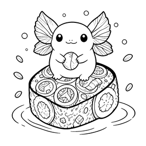 Verspieltes Kawaii Axolotl mit Sushi Ausmalvorlage für mutige Wasserratten