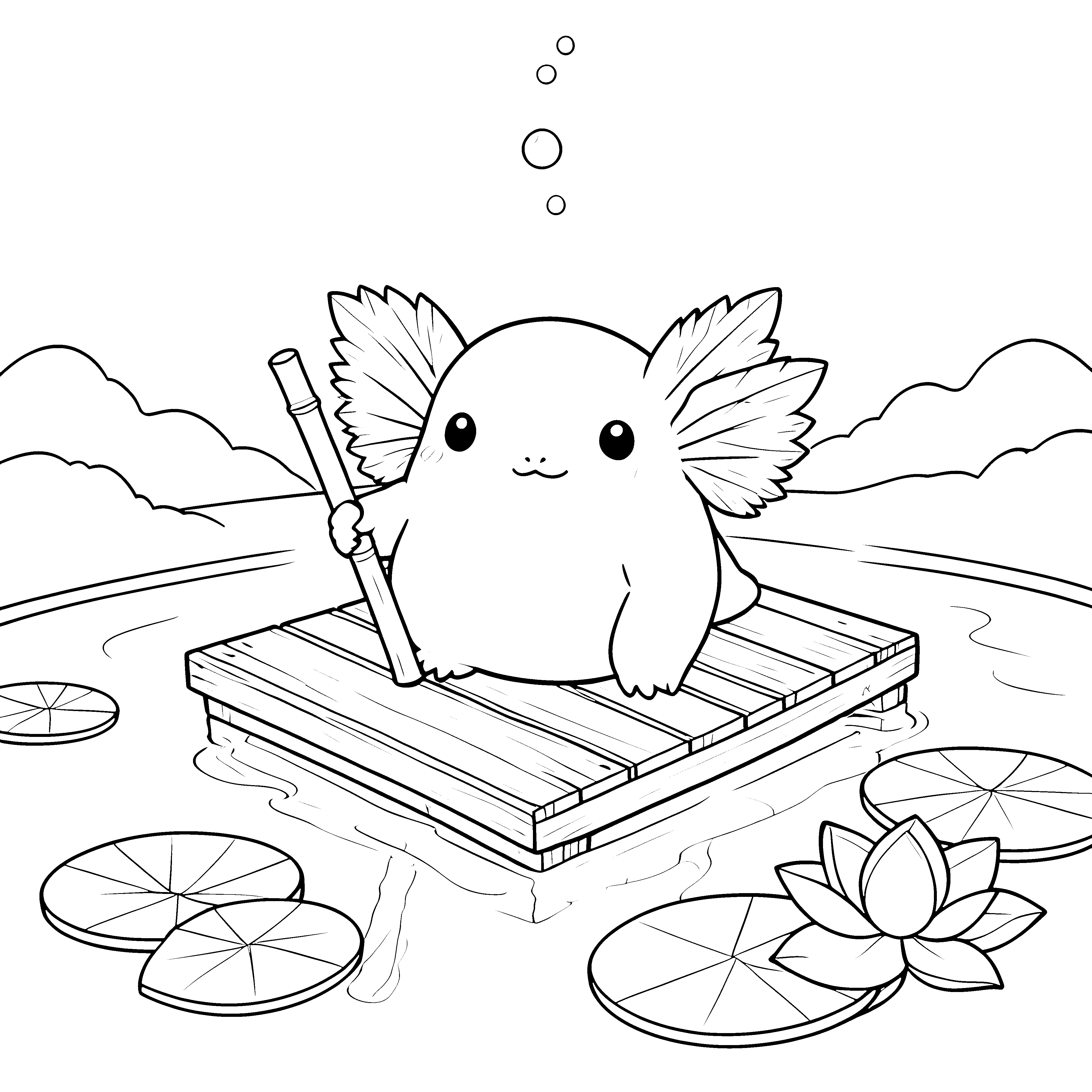 Entspanntes Kawaii-Axolotl auf Holzplanke Malvorlage für malfreudige Tierfreunde