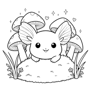 Verspieltes Kawaii Axolotl bei Pilzen Malbild für malfreudige Waldräumer