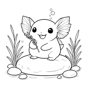 Fröhliches Kawaii Axolotl auf Stein Ausmalbild für malfreudige Weltenbummler