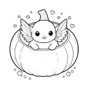 Magisches Kawaii-Axolotl-in-Kürbis-Malvorlage für mutige Sternengucker