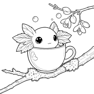 Gemütliches Kawaii Axolotl in Tasse Ausmalbild für Naturfreunde