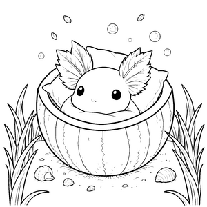 Gemütliches Kawaii-Axolotl in einer Melone Malbild für Wasserratten