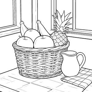 Üppiger Obstkorb mit Ananas Malvorlage für kleine Abenteurer