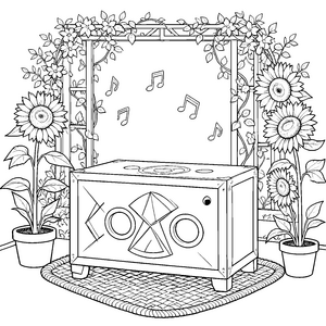 Blumiger Cajon mit Noten Ausmalbild für kreative Musiker
