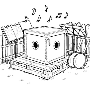 Lebhafter Cajon mit Noten und Trommeln Ausmalbild für malfreudige Taktgeber