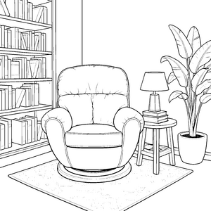 Gemütlicher Schwingsessel neben dem Bücherregal Malbild für Leseratten