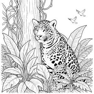 Wachsamer Jaguar hinter Bäumen Ausmalvorlage für Naturfreunde