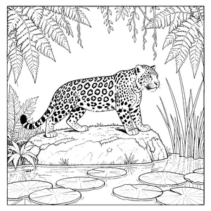 Stolzer Jaguar auf Felsen Malbild für junge Spürnasen