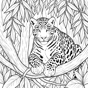 Ruhiger Jaguar auf einem Ast Malbild für kreative Weltenbummler