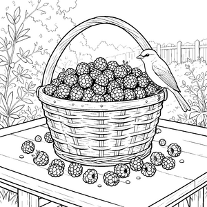 Voller Korb mit Brombeeren und Vögel Ausmalvorlage für verträumte Naturfreunde