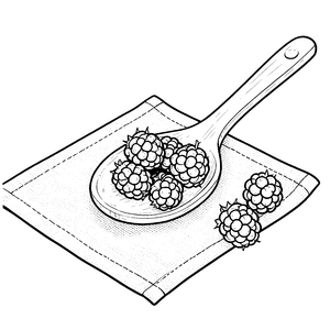 Frische Brombeeren auf einem Holzlöffel Ausmalvorlage für kreative Naschkatzen