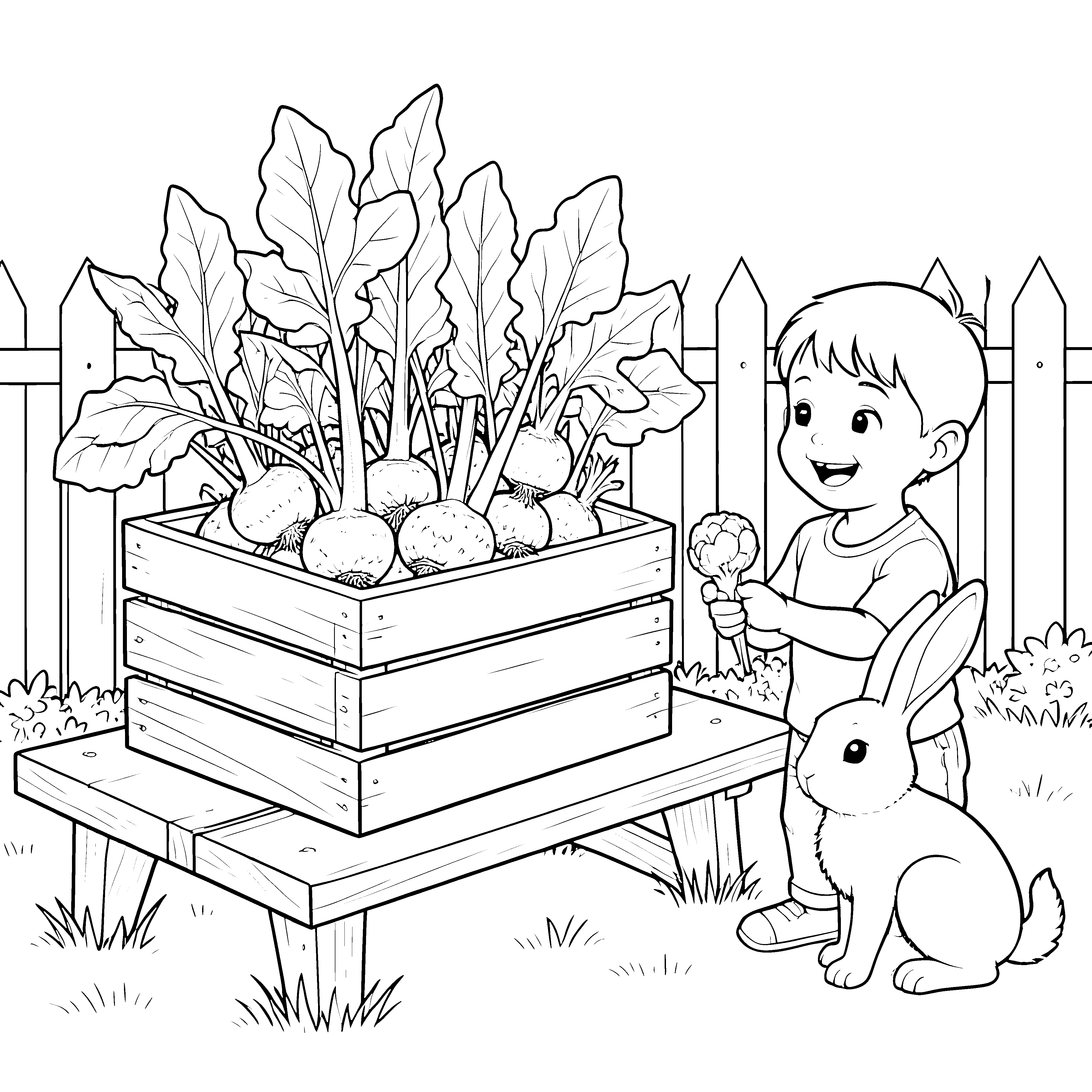 Fröhlicher Garten mit Mairüben Malvorlage für kreative Tüftler