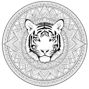 Stolzer Tigerkopf im Blumenkreis Ausmalbild für fröhliche Abenteurer
