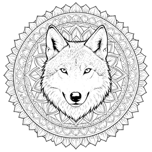 Sanfter Wolfskopf im Blütenkreis Malbild für Naturfreunde