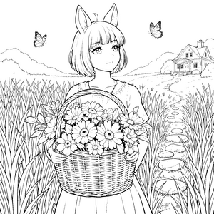 Verspieltes Fransenpony mit Blumenkorb Ausmalvorlage für kreative Naturfreunde