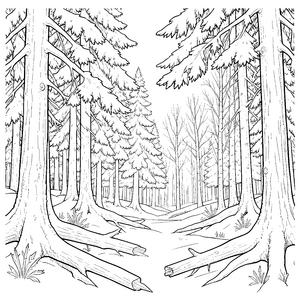 Mystischer Winterwald mit Baumstämmen Ausmalvorlage für junge Naturfreunde