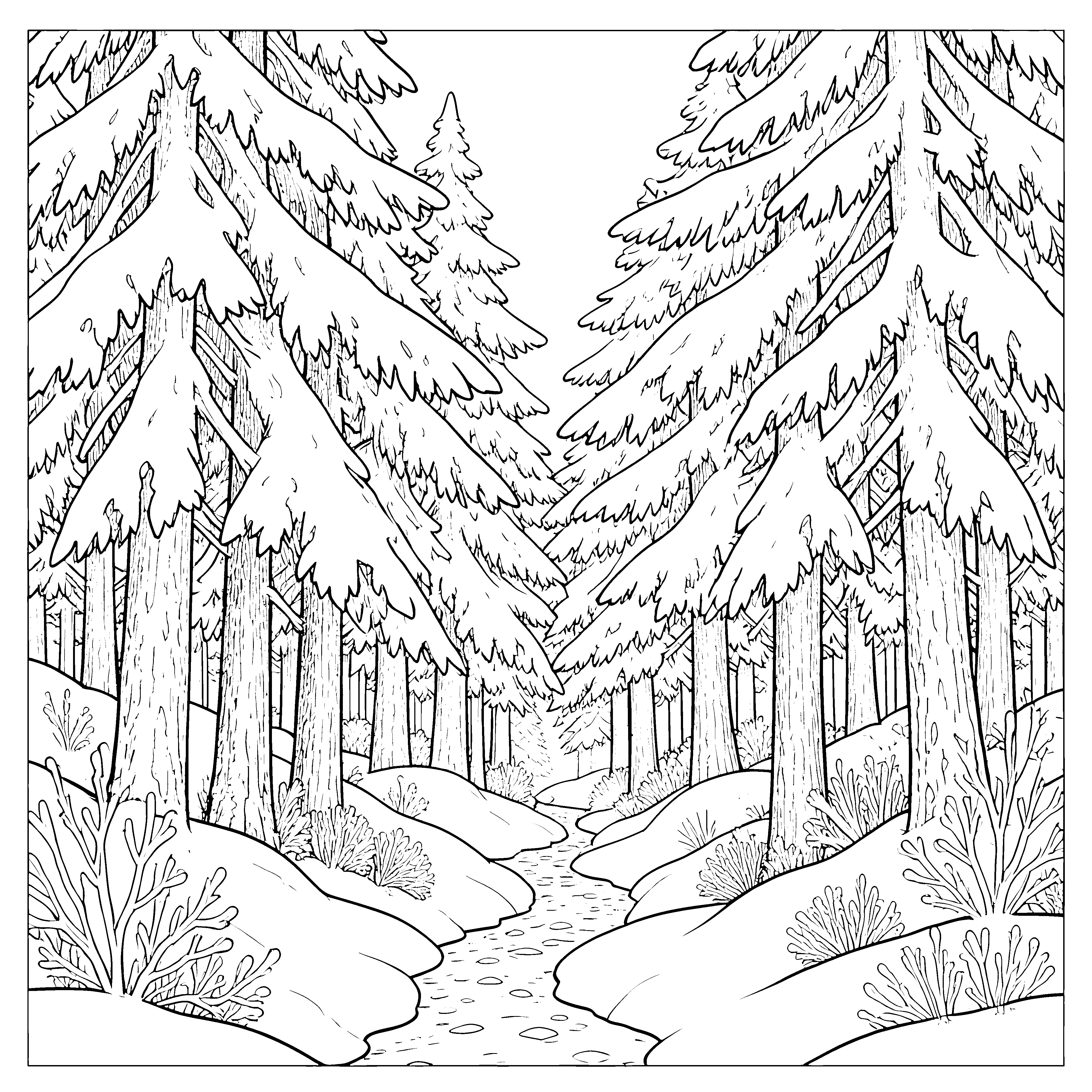 Uriger Winterwald mit Bachlauf Malvorlage für Naturfreunde