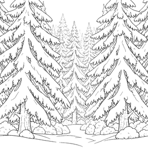 Umschlossener Tannenwald mit Schneebüschen Malvorlage für malfreudige Spürnasen