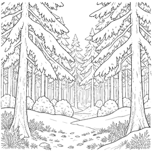 Mystischer Tannenwald mit Schneebäumen Ausmalbild für junge Waldgeister