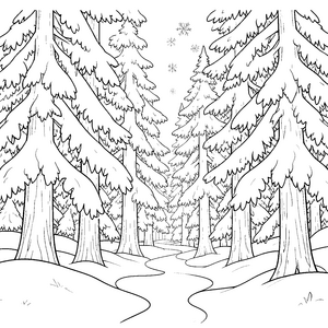 Stiller Tannenwald mit Schneeflocken Ausmalbild für mutige Naturfreunde