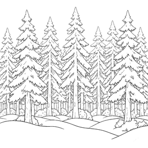 Kristalliner Tannenwald mit Schneehügeln Ausmalvorlage für neugierige Waldläufer