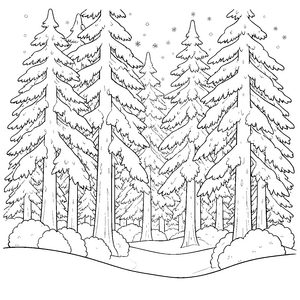 Schneebedeckter Tannenwald mit Pfad Malbild für junge Weltenbummler