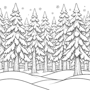 Verschneiter Tannenwald mit Schneeflocken Ausmalvorlage für neugierige Abenteurer