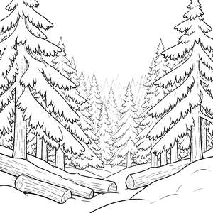 Mystischer Tannenwald mit Baumstämmen Ausmalbild für junge Abenteurer