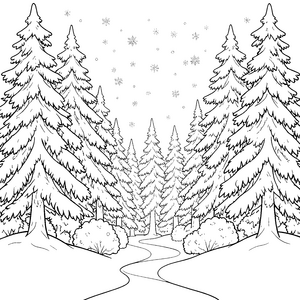 Friedlicher Tannenwald mit Schneeflocken Ausmalbild für Naturfreunde