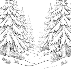 Schneebedeckter Tannenwald mit Zapfen Ausmalvorlage für Frühaufsteher