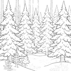 Stiller Tannenwald mit Schneeflocken Ausmalbild für kleine Naturfreunde