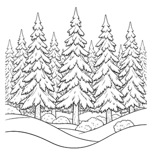 Ruhiger Tannenwald mit Schneehügeln Ausmalvorlage für kreative Schneeflocken