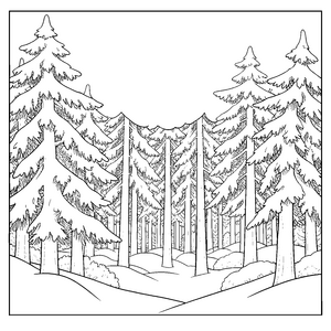 Weitläufiger Tannenwald mit Schneehügeln Ausmalbild für kleine Weltenbummler