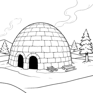 Rauchendes Iglu mit Schlitten Malvorlage für Winterfreunde