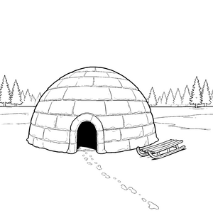 Riesiges Iglu mit Schlitten Malvorlage für verträumte Weltenbummler
