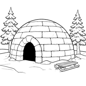 Gemütliches Iglu mit Schlitten Malbild für kleine Abenteurer