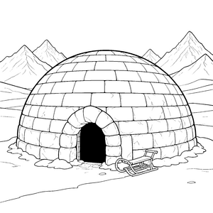 Gewaltiges Iglu mit Schlitten Ausmalvorlage für kreative Weltenbummler