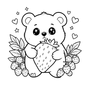 Lieblinghafter Kawaii-Bär mit Erdbeere Ausmalvorlage für kleine Tierfreunde