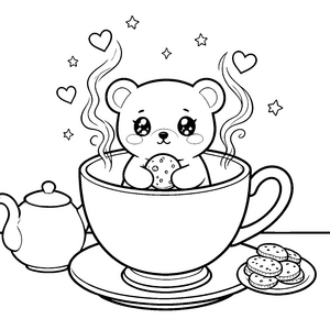 Verspielter Kawaii-Bär in Teetasse Ausmalvorlage für mutige Naschkatzen