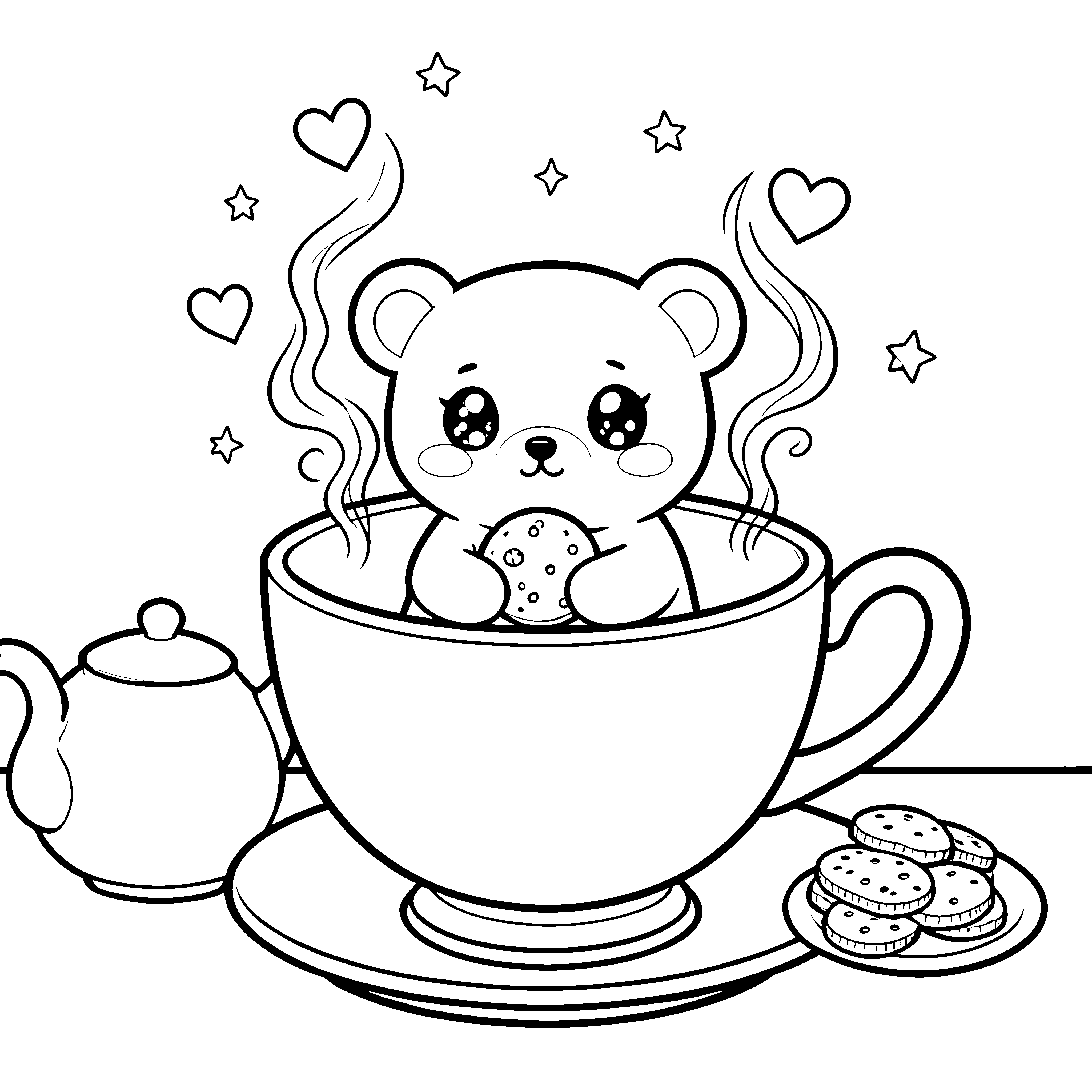 Verspielter Kawaii-Bär in Teetasse Ausmalvorlage für mutige Naschkatzen