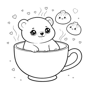 Lieblinghafter Kawaii-Bär in warmer Tasse Ausmalbild für neugierige Tüftler