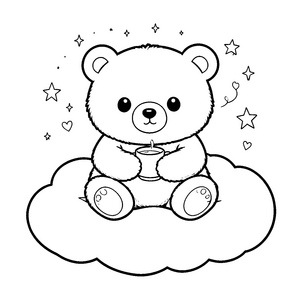 Traumhafter Kawaii-Bär auf Wolke Ausmalbild für kreative Sternengucker