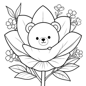Verspielter Kawaii-Bär in Blumen Ausmalbild für junge Naturfreunde