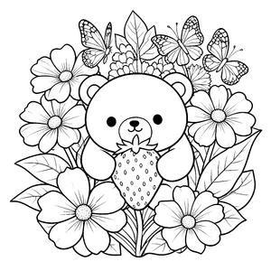 Verspielter Kawaii-Bär mit Erdbeere und Schmetterlingen Ausmalvorlage für verträumte Weltenbummler