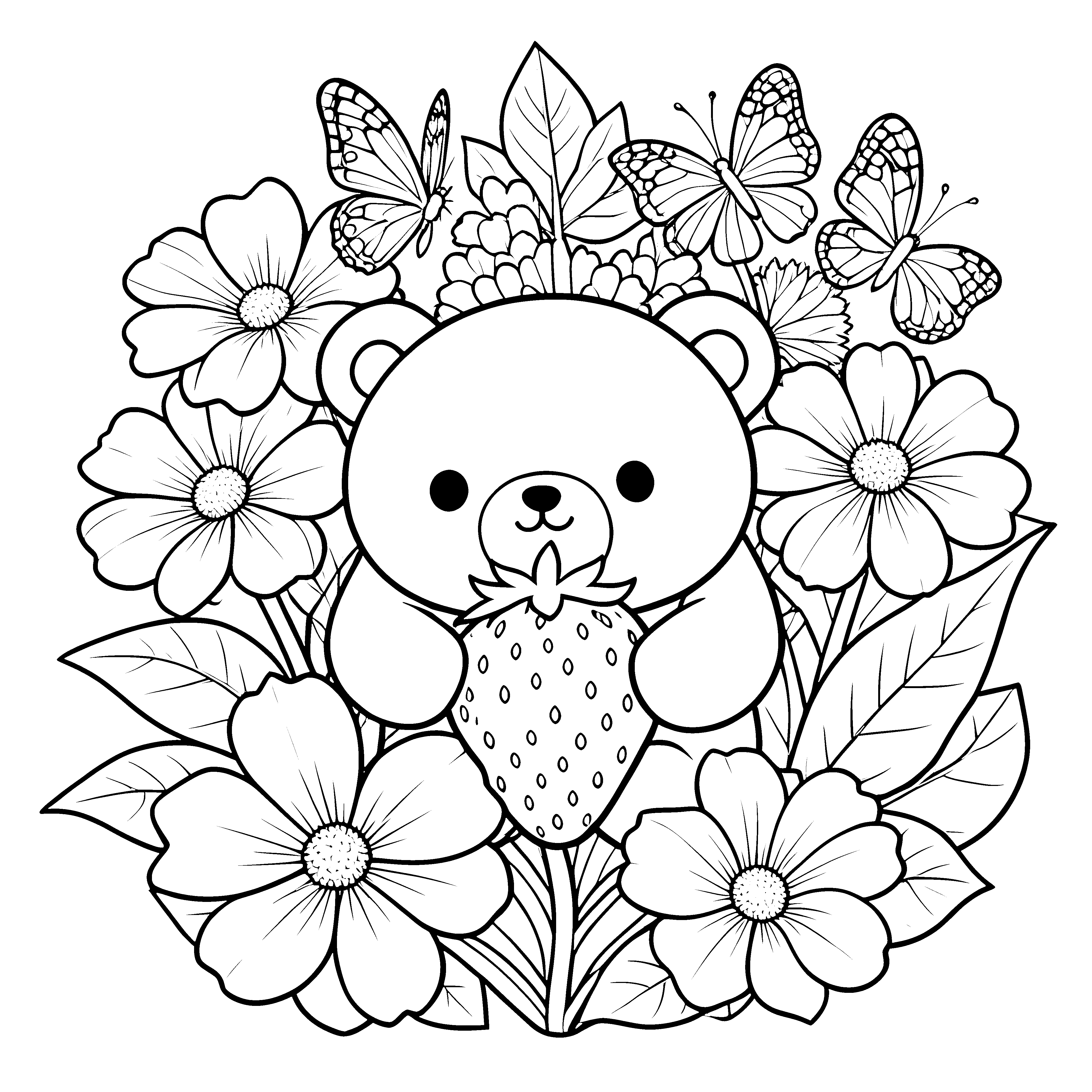 Verspielter Kawaii-Bär mit Erdbeere und Schmetterlingen Ausmalvorlage für verträumte Weltenbummler